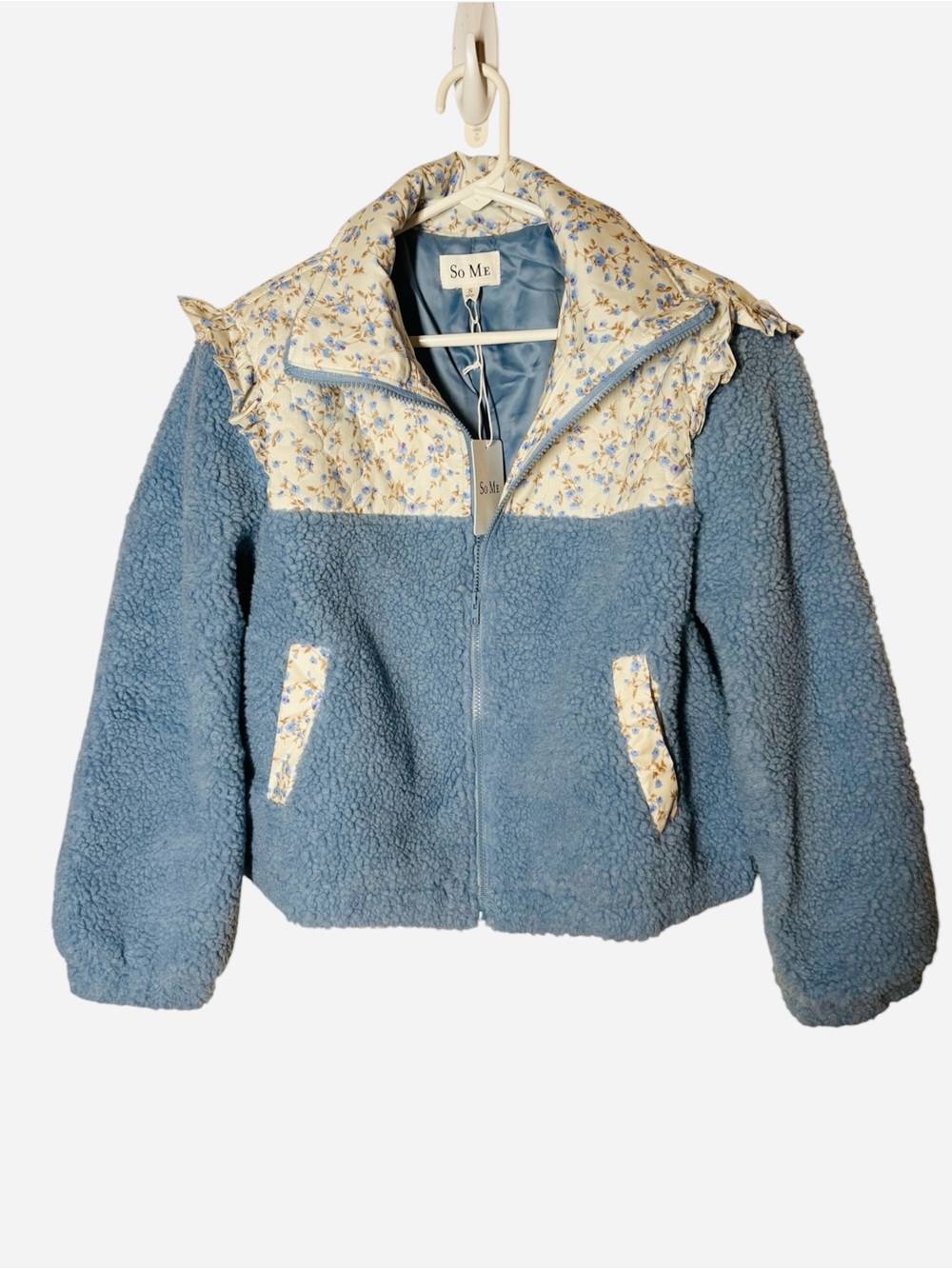 {NWT} SO ME Faux Fur Sherpa Pull Jacket with Floral Contrast Small - Picture 5 of 9